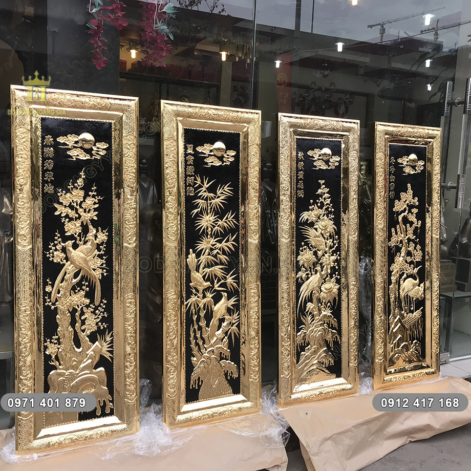 tranh đồng tứ qu&yacute; mạ v&agrave;ng
